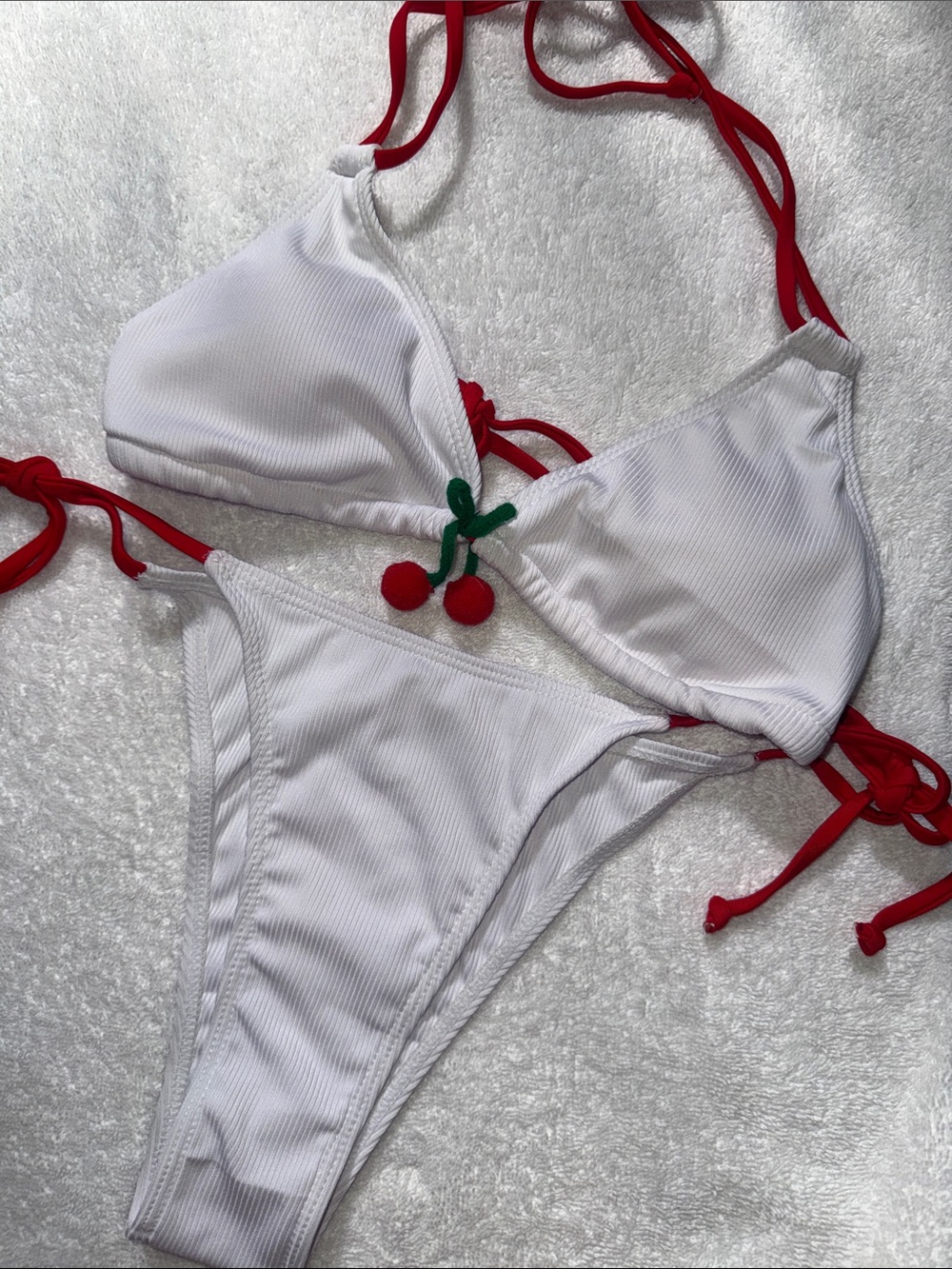 White Ribbed Cherry Accent Bikini Set with Red Ties